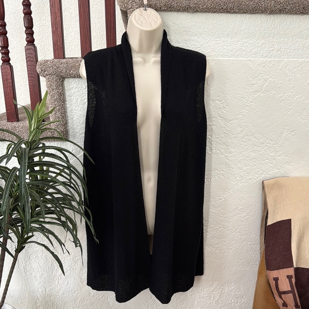 EILEEN FISHER Women’s Black Shawl Collar Long Vest 100% Wool Size L EUC
